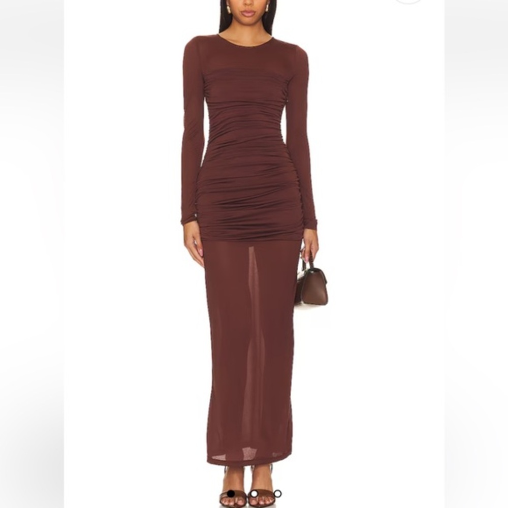 LAcademie Alma Maxi Dress Women’s Size Small Brown Ruched‎ Sheer Mesh Evening